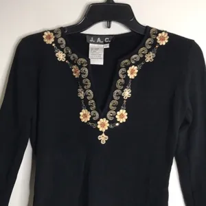 Vtg JAC black embroidered stretch‎ top size small bobo fall thumbnail 2