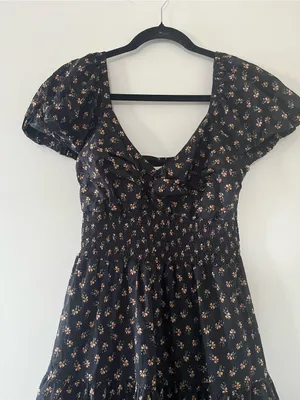 Black Orange Floral Print Puff Sleeve Smocked Midi Dress Medium Cottagecore thumbnail 2