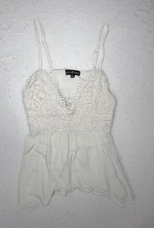 Almost Famous White Crochet Lace Boho Cami Top Sharkbite Hem Smocked Back Large thumbnail 1