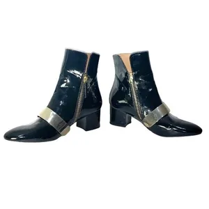 Zara Womens Black & Gold Patent Leather Almond Toe Chunky Block Heel Ankle Boots thumbnail 3