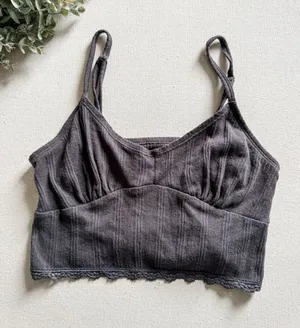 American Eagle Ribbed Cropped Tank Bralette Gray Lace Hem Size Medium thumbnail 1