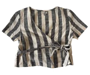 Ecote Wrap Top Black Ivory Stripe Cotton Tie Waist‎ Short Sleeve S Boho thumbnail 1