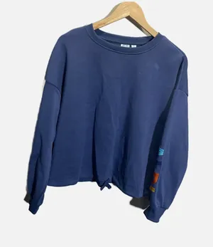 Aldi Gear Womens‎ Blue Crewneck Sweatshirt Rainbow Sleeve Logo Tie Front Medium thumbnail 1