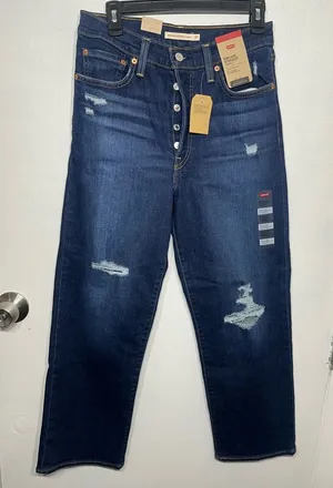 NWT Levi’s Ribcage Straight Ankle Button Fly Distressed Jeans‎ 27x27” Dark Blue thumbnail 1
