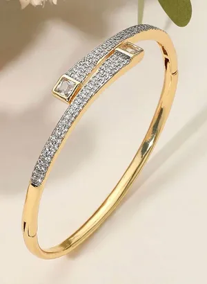 Stainless Steel Square Stone Tip Rhinestone Pave Hinged Bangle Bracelet Gold thumbnail 1