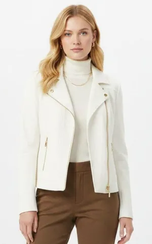 Anne Klein White Long Sleeve Gold Trim Zip Up Ponte Knit Jacket L thumbnail 1