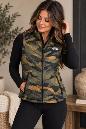 The North Face NWOT Tamburello 2 Burnt Olive Green Waxed Camo Print Puffer Vest thumbnail 1