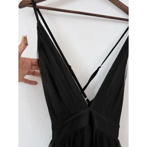 Black Tulle Maxi Dress Plunge Halter Open Back Slit Prom Evening Luxxel S NWT thumbnail 11