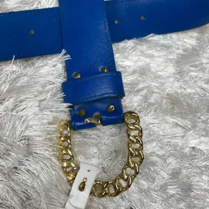 Royal Blue Leather Deadstock Wide Belt Gold "Chain" Buckle Sz XL thumbnail 6