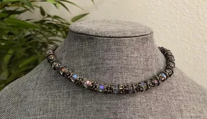 Y2K RARE Silver tone iridescent beaded glass resin gemstone choker necklace #fairy #grunge #subversive #whimsygoth #gothic festival jewel thumbnail 1