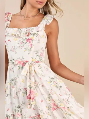 Lulus Shela Ivory Floral Jacquard Tiered Midi Dress Size Small Sleeveless Flirty thumbnail 3