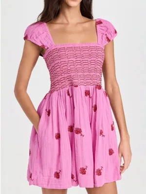 NWT Free People Tory Embroidered Mini Dress Pink Smocked Floral Boho Size Large thumbnail 1