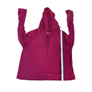 Y2K Skater Top Burgundy Lace Up Lightweight Hoodie Long‎ Sleeve Sz M thumbnail 6