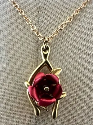 Vintage Gold-Tone Wishbone Red Rose Pendant Necklace thumbnail 1