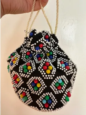 Vintage 1960s Beaded Drawstring Pouch Bag MCM Multicolor Bead Purse‎ Rockabilly thumbnail 1