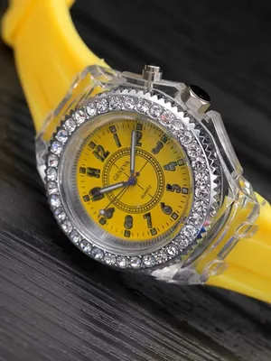 LED Light Up Analog Wrist Watch Yellow Band Crystal Bezel Fashion Gift Unisex thumbnail 2