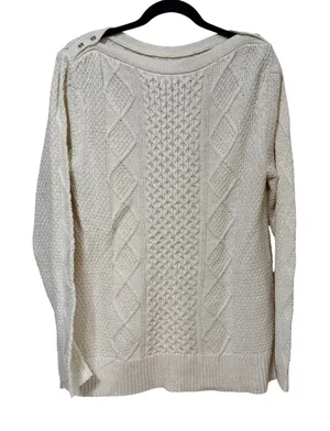 Lands End Womens Cream Metallic Cable Knit Boat Neck Shoulder Button Sweater L thumbnail 1