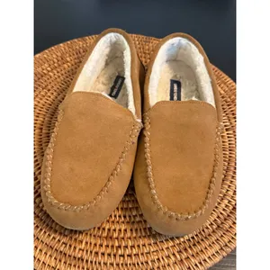 Lands End Womens Suede Moccasin Slippers‎ Tan Brown Faux Fur Lined Loafers thumbnail 2