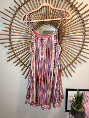 Hale Bob Slvls Pink Multi-Stripe Tiered Tie Shldr Mini Dress Boho Summer Beach thumbnail 3