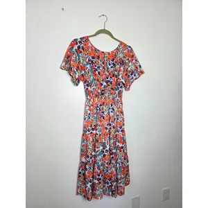 Colorful Floral Midi Dress Tiered Tropical Abstract Artsy Farmers Market Picnic thumbnail 4