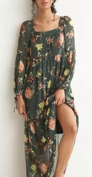 Anthropologie Women’s Evelin Square Neck Floral 3/4 Length Sleeve Maxi Dress S thumbnail 1