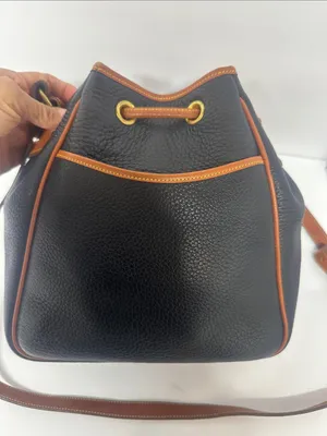 Dooney & Bourke Black Pebbled Leather Drawstring Bucket Bag with Tan Trim thumbnail 2