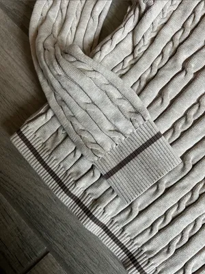 Gymshark Cropped Cable-Knit Polo Sweater in Light Beige with Brown Trim thumbnail 3