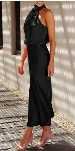 NEW Satin Elegant Sleeveless Mock Neck Cocktail Maxi Dress L thumbnail 6