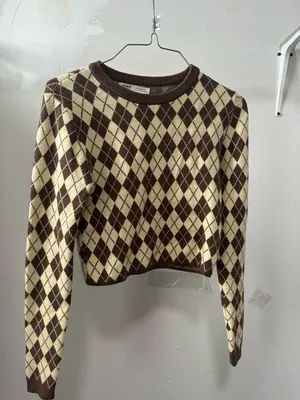 Pull&Bear Brown and Cream Argyle Crewneck Sweater thumbnail 2