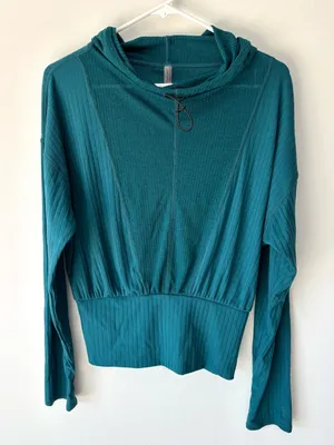Free People Movement Teal Ribbed Long Sleeve Lightweight Hoodie Fitted Waist thumbnail 1