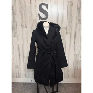 H&M Black Trench Coat Small | Faux Fur Collar Hooded Belted Winter Coat thumbnail 2