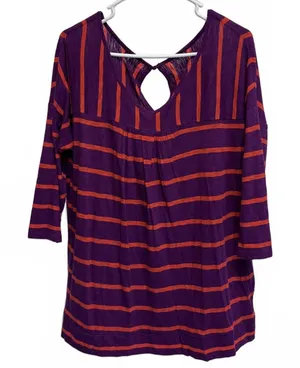 Ann Taylor Loft Purple and Orange Striped Scoop Neck Keyhole Tee Plus Size XL thumbnail 1