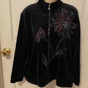 Alfred Dunner Black Bomber Jacket with Pink Floral Embroidery thumbnail 1