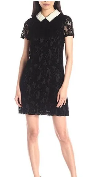 BETSEY JOHNSON Pearl Collar Elegant Black Lace Dress with White Pearl Collar thumbnail 1