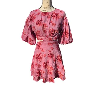VICI Pink Floral‎ Cutout Puff Sleeve Tiered Mini Dress ACD70781B Small thumbnail 3