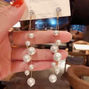 Women's White Pearl Long Tassel Dangle Drop Earrings thumbnail 3