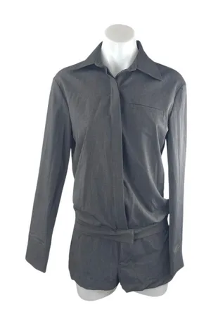 Zara Gray Collared Long Sleeve Belted Button Down Playsuit Romper Jumpsuit XS thumbnail 1