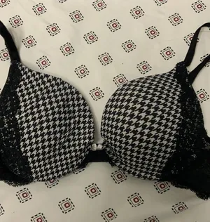 Women's Black White Lace Full Cup 36B Bow Houndstooth Push Up thumbnail 1