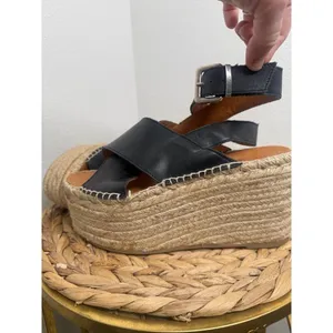 Alohas Sandals Vegas Platform Espadrilles Sandal Black Wedge Leather Jute Strap thumbnail 4