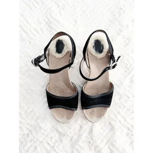 UGG Olania Black Suede Wooden Clog Platform Heeled Sandals Studded Boho Indie thumbnail 2