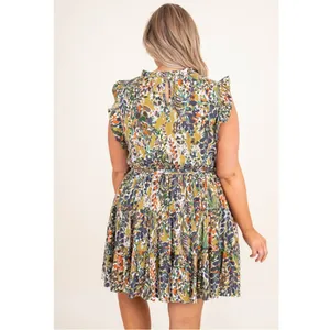 Jodifl Floral Mini Dress Sz 1X Ruffle Tiered Belted Waist Earthy Boho thumbnail 2