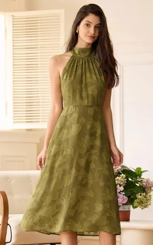 RIHOAS The Green Jacquard Ruched Halter Midi Dress 76 thumbnail 1