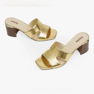 NEW Gold Vegan Leather Open Toe Heeled Mules Chunky Heel Sandals 6 thumbnail 6