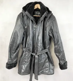 Ivy And Shania Women‎ Leather Jacket XL Belted Faux Fur Hooded Winter Edgy thumbnail 1
