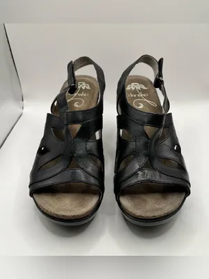 Dansko Felicia black leather wedge sandals, stylish strappy cut-out upper 39 thumbnail 2