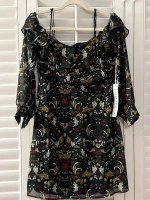 NWT Lumière Hunter Green Multi Floral Cold Shoulder Dress SZ M thumbnail 1