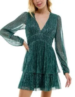 Trixxi Pleated Emerald Green Metallic Tiered Sparkle Mini Dress thumbnail 3