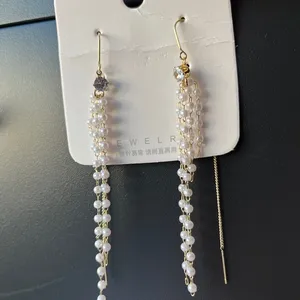 Elegant Faux Pearl Dangle Earrings with‎ Gold Chains – Layered Tassel Design thumbnail 4