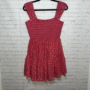 Free People Sweet Annie Smocked Mini Dress Pink Red Geometric Tiered‎ Ruffle Med thumbnail 5
