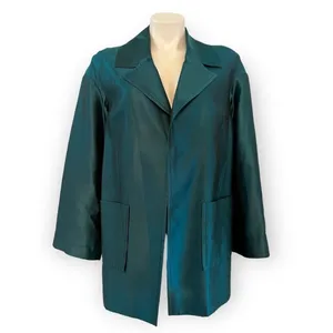 ST. JOHN COUTURE Sharkskin Silk Wool Blend Teal Open Front Jacket Blazer Size 8 thumbnail 8